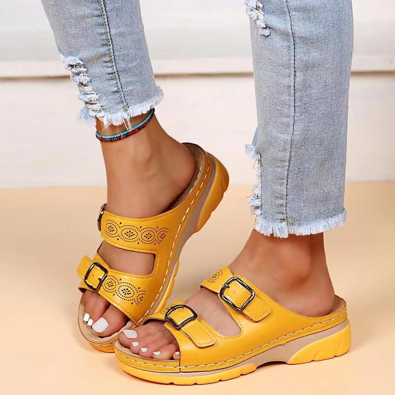 creamtopmall Fashion Double Buckle Wedge Slippers Women Summer  Brown PU Leather Platform Sandals Woman Casual Non Slip Beach Flip Flops