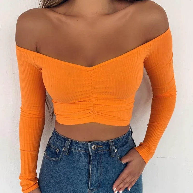 creamtopmall-Sexy Off Shoulder Bare Midriff Folds Rib T Shirt Women Long Sleeves Slash Neck Short Tshirt Ladies Tee Shirt Camisetas Mujer