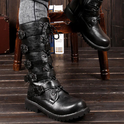 creamtopmall-New Men's Leather Motorcycle Boots Military Boots Gothic Belt Punk Boots Men's Shoes Outdoor Tactical Military Boots