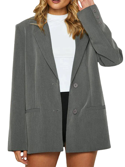 creamtopmall-Women's Temperament Loose Blazer, Solid Color Long Sleeve Single Breasted Coat Work Office Jacket Clothing