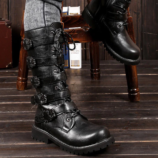 Antmvs-New Men's Leather Motorcycle Boots Military Boots Gothic Belt Punk Boots Men's Shoes Outdoor Tactical Military Boots