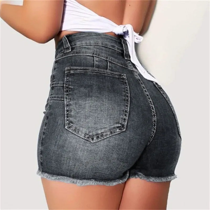 creamtopmall-Large Size Sexy Ripped Denim Shorts Girl New High Waist Skinny Hips Stretch Leg Length Tight Tight Stretch Hips Jeans Women