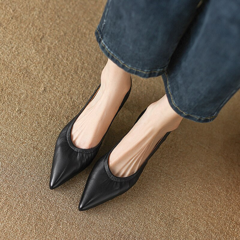 Back to school 2023 new Spring women pumps natural leather 22-24.5cm sheepskin+pigskin full leather pointed toe low heels soft women shoes