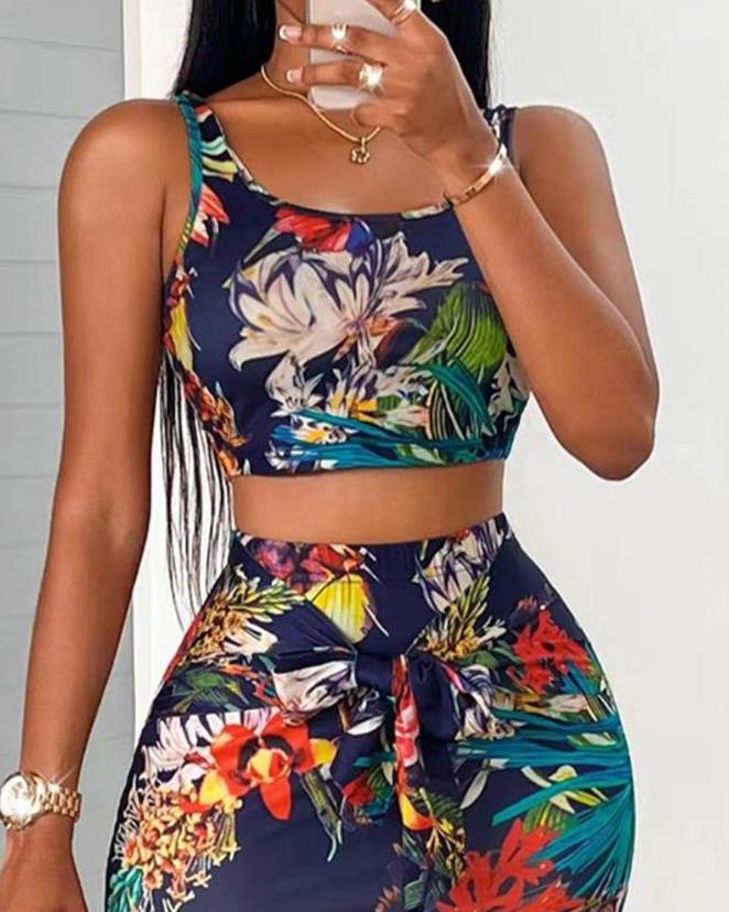 creamtopmall Two Piece Sets Womens Outifits 2023 Summer Fashion Tropical Print U-Neck Sleeveless Crop Tank Top & Casual Skinny Midi Skirt Set