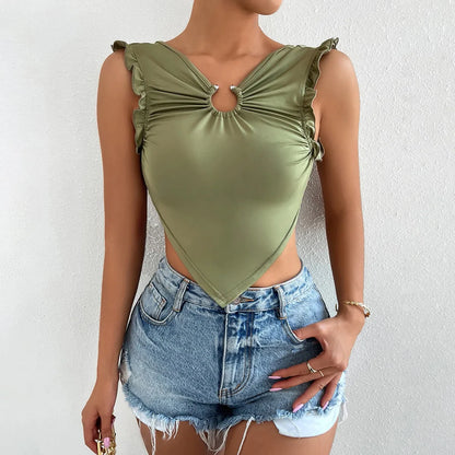 creamtopmall-Women Sexy Tank Top with Metal Ring Ruched Slim Halter Backless Bandage Camis Tube Top Female Sleeveless Cropped Vest