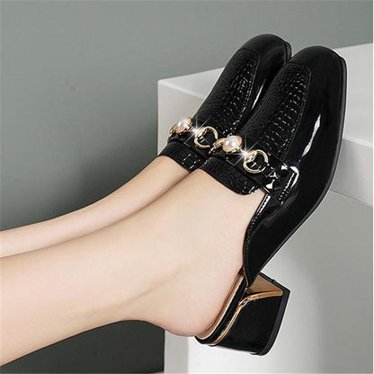 creamtopmall Women Baotou Half Slippers Fashion Metal Chain Square Toe Thick Heel British Style Office Casual Shoes Spring Summer