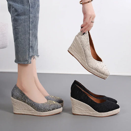 Antmvs-New Pointed Shallow Mouth Women Wedge Heel Thick Sole Single Shoes Women Straw Woven Twine rope sole Spring Autumn Shoes