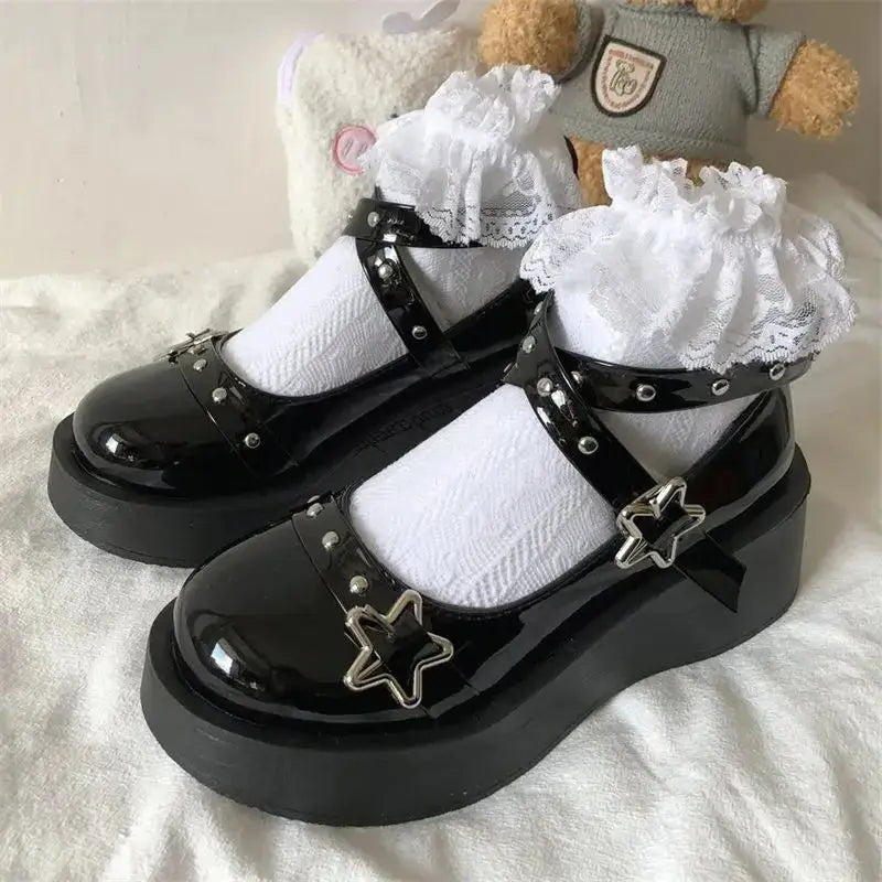 creamtopmall-Shoes Lolita shoes Women heels platform mary janes Star Buckle Strap Mary Janes Women Cross-tied Girls Rivet Casual kawaii shoes