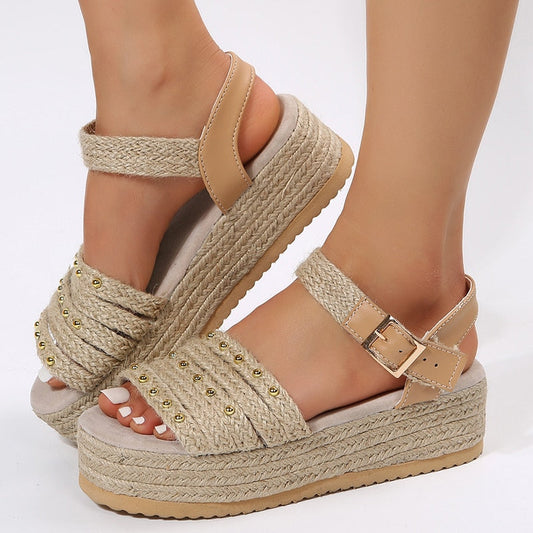 creamtopmall Women's Chunky Platform Sandals Thick Bottom Rivet Espadrilles Women Shoes 2023 Summer Weaving Gladiator Sandals Woman Plus Size