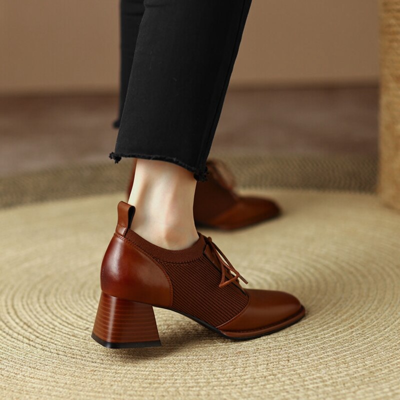 creamtopmall NEW Spring Women Pumps Round Toe Chunky Heel Shoes for Women Split Leather High Heels Solid Splicing Lace-up Shoes Handmade Shoe