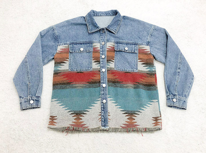 Creamtopmall Retro Aztec Lapel Pocket Denim Patchwork Jacket