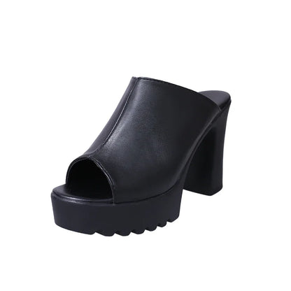 Summer Women's Mules Black Elegant High Heels Casual Women's Open Toe Thick Sole Sandals Fashion Design Fish Mouth Shoes Pumps