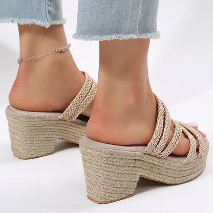 creamtopmall Weaving Wedge Heel Sandals for Women Summer 2023 Espadrilles Platform Slippers Woman Thick Bottom Non Slip Beach Sandalias Mujer