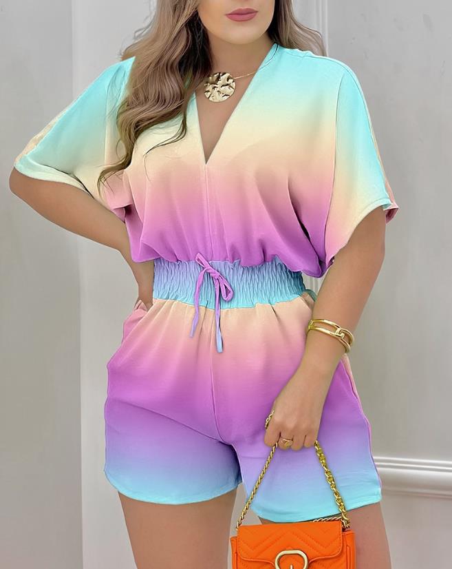 creamtopmall Jumpsuit Women 2023 Summer Fashion Batwing Sleeve Shirred Waist Casual Plain V-Neck Short Sleeve Above Knee Romper Streetwear