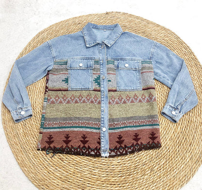 Creamtopmall Retro Aztec Lapel Pocket Denim Patchwork Jacket