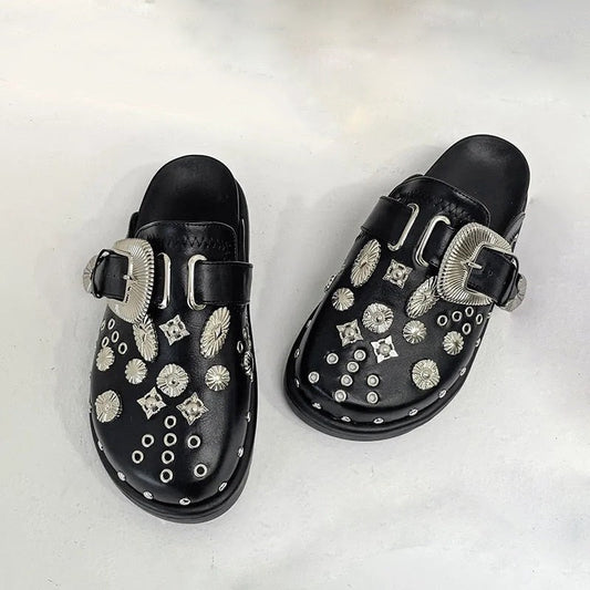 creamtopmall Summer Women Slippers Platform Rivets Punk Rock Leather Mules Creative Metal Fittings Casual Party Shoes Female Outdoor 0823