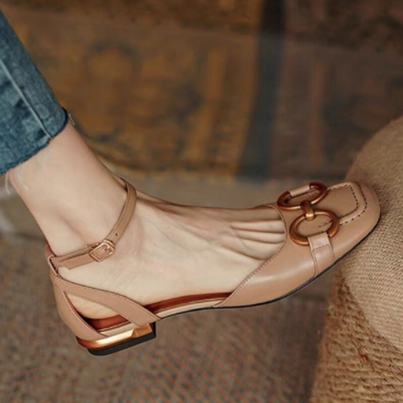 creamtopmall New French Retro Ladies Flats Korean Style One Line Buckle Female Sandals Fashionable Plaid Thick Heel Women's Shoes