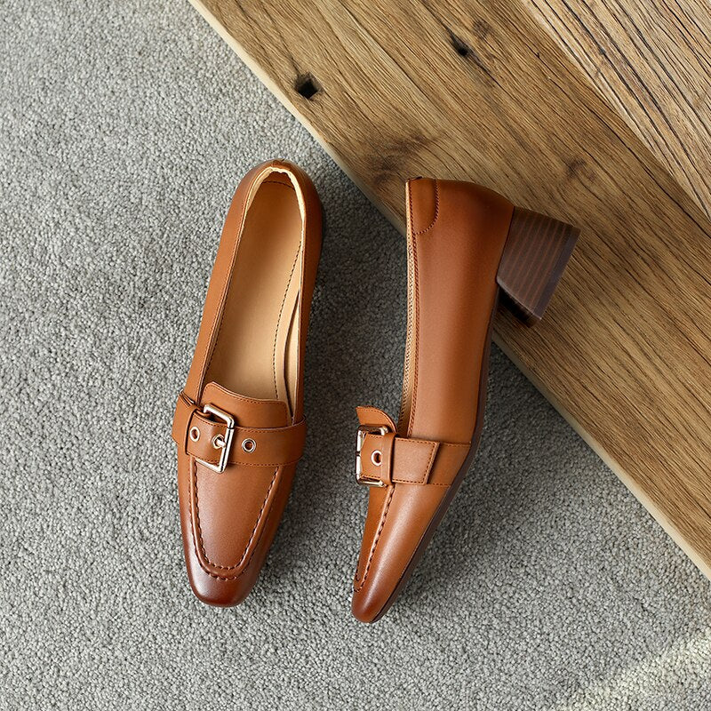 Antmvs  new women pumps natural leather 22-25cm length cowhide+pigskin full leather Square toe Buckle Square heel ladies shoes