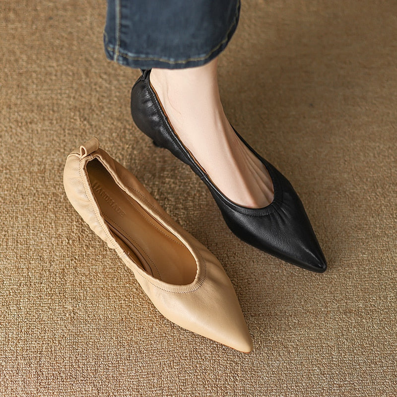 Back to school  new Spring women pumps natural leather 22-24.5cm sheepskin+pigskin full leather pointed toe low heels soft women shoes