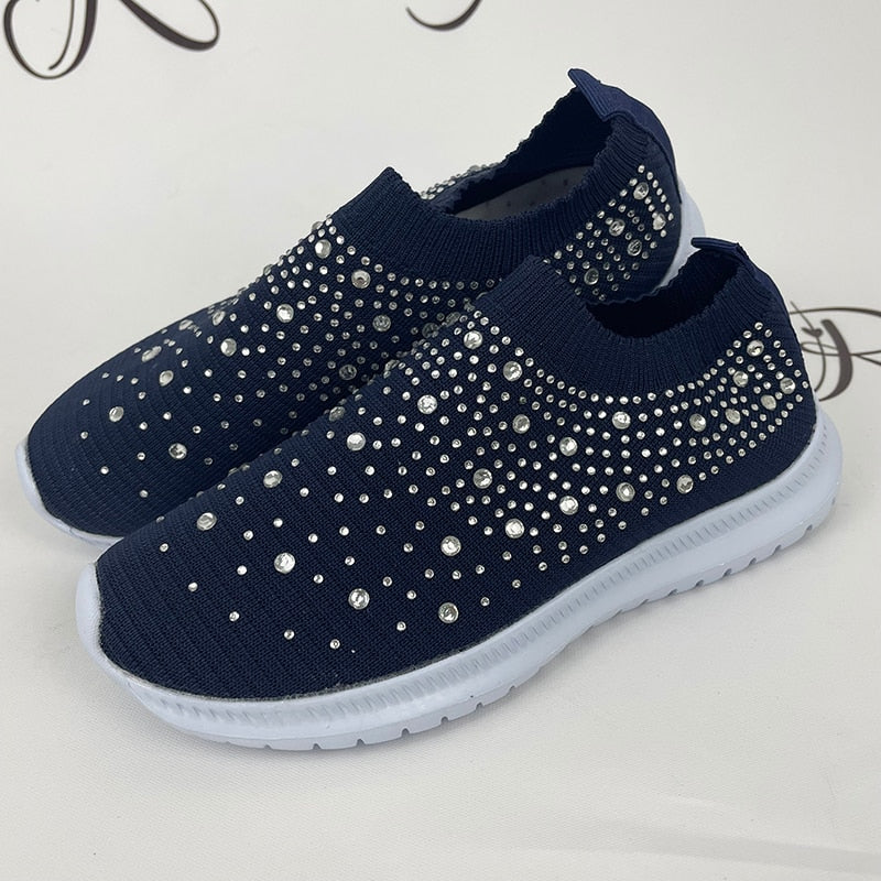 creamtopmall Shining Crystal Flats Shoes for Women Plus Size Breathable Mesh White Sneakers Woman 2022 Spring Summer Soft Sole Sports Shoes