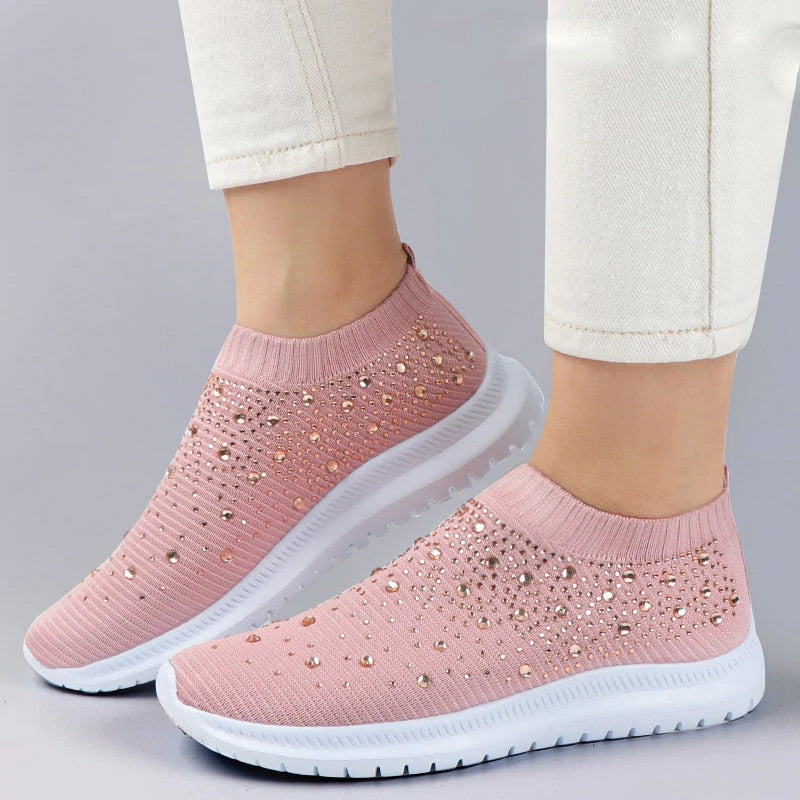 creamtopmall Shining Crystal Flats Shoes for Women Plus Size Breathable Mesh White Sneakers Woman 2022 Spring Summer Soft Sole Sports Shoes