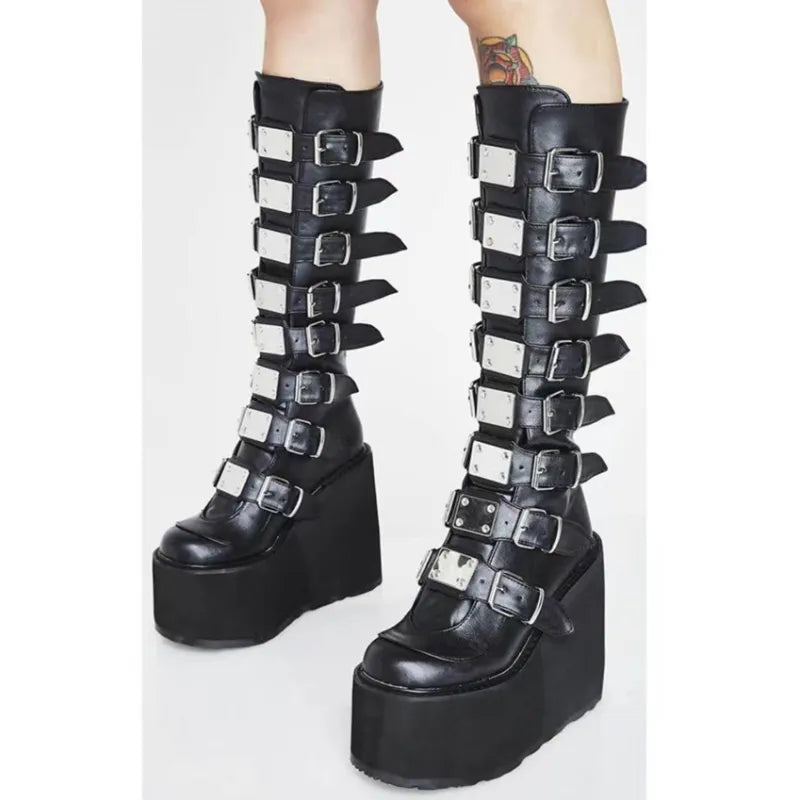 creamtopmall-Punk Women Boots Ladies Cosplay High Boots Comfort Long Tube Leather Boots Black Platform High Wedges Women Shoes Gothic Style