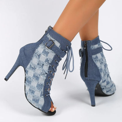 creamtopmall-Rubber Sole Latin Dance Boots Sexy Modern Shoes Dance High-heeled 9cm Sandals Lace-up Hollow Belt Buckle Fashion Square Denim