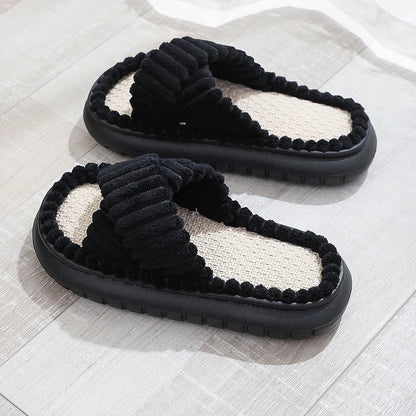 creamtopmall-2024 rNew Women Home Slippers Open-Toe Cross Band Linen Soled Indoor Slides Linen Soled Non-Slip Bathroom Slippers