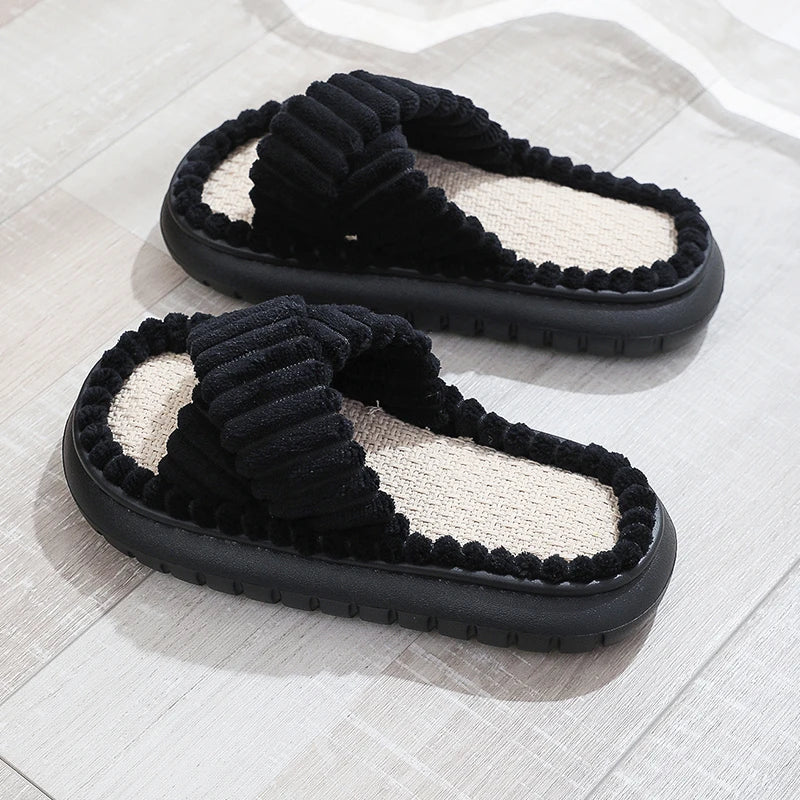 creamtopmall- rNew Women Home Slippers Open-Toe Cross Band Linen Soled Indoor Slides Linen Soled Non-Slip Bathroom Slippers