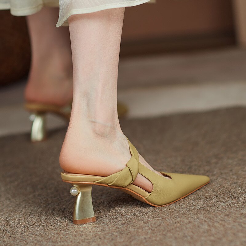 creamtopmall Pointed Women's Half Slipper Summer Business Thick Heel Ladies Sandals Comfortable Middle Heel French Female Single Shoes