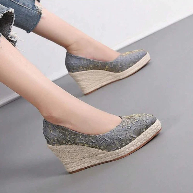 creamtopmall-New Pointed Shallow Mouth Women Wedge Heel Thick Sole Single Shoes Women Straw Woven Twine rope sole Spring Autumn Shoes