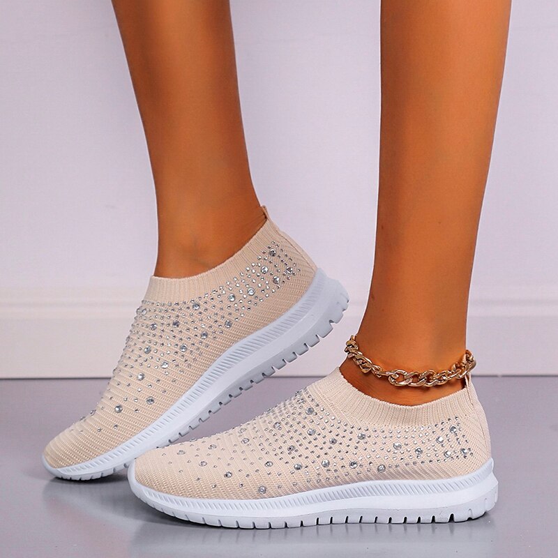 Antmvs Shining Crystal Flats Shoes for Women Plus Size Breathable Mesh White Sneakers Woman  Spring Summer Soft Sole Sports Shoes