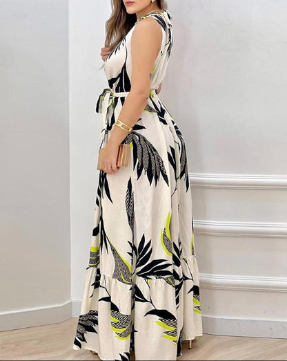 creamtopmall Dresses for Women 2023 Spring Fashion Leaf Print Sleeveless Casual O-Neck Maxi Daily Vacation Dress with Belt