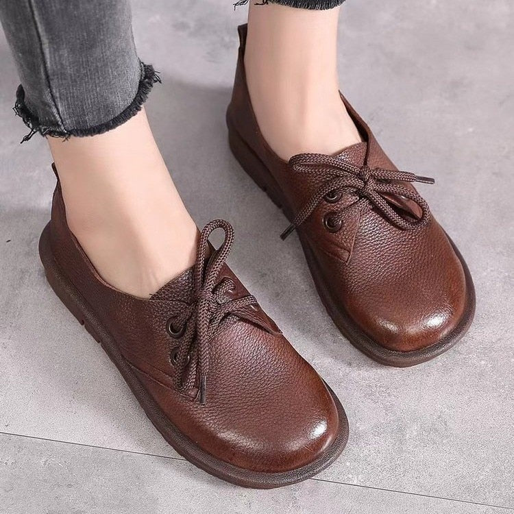 creamtopmall Women Oxfords Spring/Autumn Flat Shoes for Women Artificial Leather Casual Flats Ladies Lace Up Solid Chaussure Femme