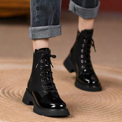 Graduation Gift Stitching Bright Women's Short Boots Winter Autumn Chunky Heel New Lace-Up Round Toe Handsome Motorcycle Fashion Solid Boots