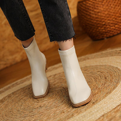 creamtopmall Women's Boots Autumn Short Thin Middle-Heeled Ankle Boots Solid Color Square Toe Fashion Casual Simple Ladies Shoes