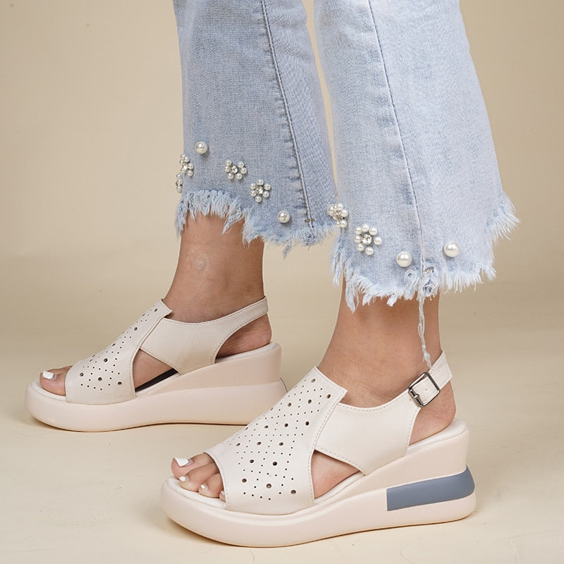 creamtopmall Women Sandals Summer Solid Fish Mouth High Wedge Heel Ankle Straps Lady Sandals Fashion Concise Casual Females Shoes