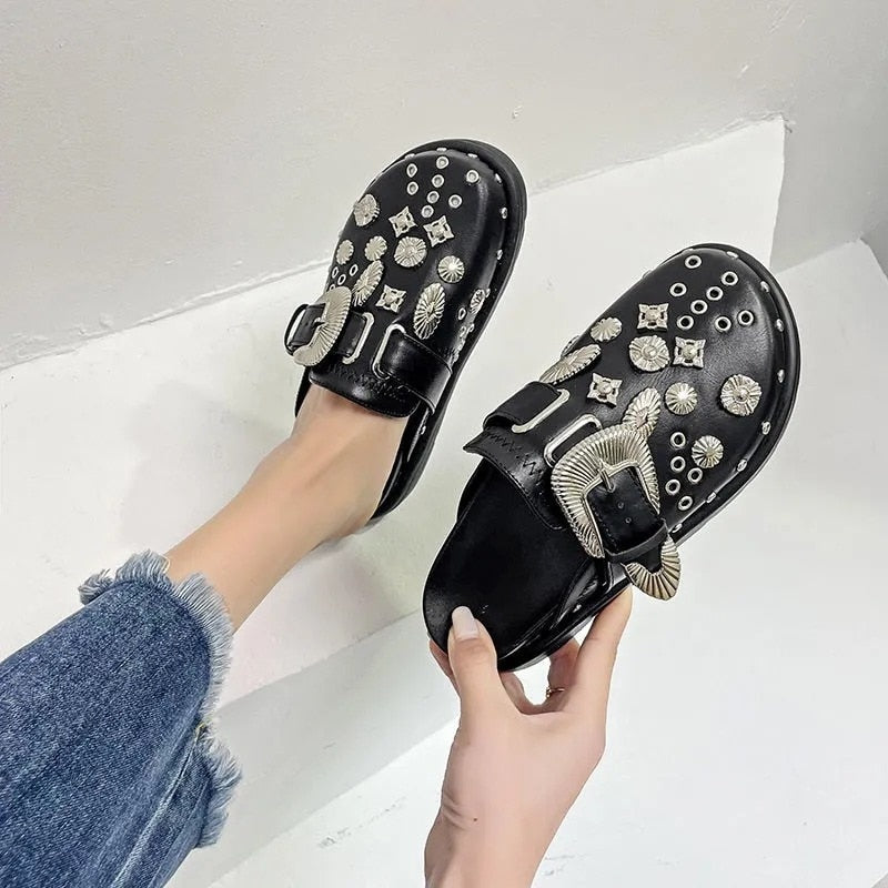 creamtopmall Summer Women Slippers Platform Rivets Punk Rock Leather Mules Creative Metal Fittings Casual Party Shoes Female Outdoor 0823