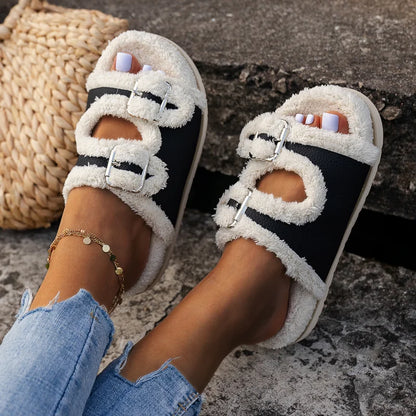 Women's Slippers Fur Plush Platform Wear Non-slip Slippers Casual Fashion Pin Buckle Roman Flip-flops Winter New Style