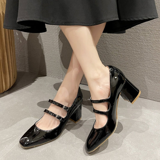 creamtopmall Thick High Heels Mary Jane Shoes for Women Spring  Fashion Double Buckle Strap Pumps Women Black Patent Leather Shoes