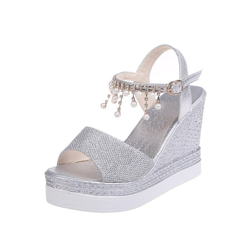 creamtopmall New Women Wedge Sandals Summer Bead Studded Detail Platform Sandals Buckle Strap Peep Toe Thick Bottom Casual Shoes Ladies