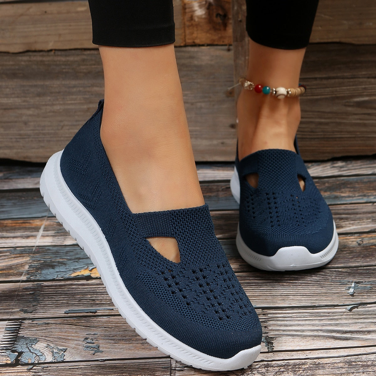 creamtopmall Soft Bottom Knitted Flat Shoes for Women  Summer Breathable Mesh Slip On Sneakers Woman Non Slip Light Casual Loafers 36-42