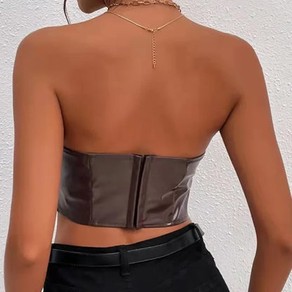 creamtopmall-Sexy Tank Top Glossy PU Leather Halter Crop Tops Women Wrap Chest Bare Midriff Camisole Sleeveless  Tube Top Female Cropped Vest