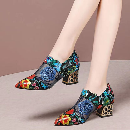 creamtopmall New Fashion Personality Pointed Toe Sandals Women Summer New Mid Heel Square Heel Zipper Printed Casual Ladies High Heels