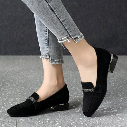 creamtopmall Autumn Winter Women Loafers Low Heels Boat Shoes Square Toe Dress Shoes Chain Faux Suede Plush Warm Ladies Shoes