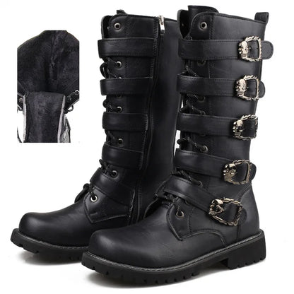 creamtopmall-New Men's Leather Motorcycle Boots Military Boots Gothic Belt Punk Boots Men's Shoes Outdoor Tactical Military Boots