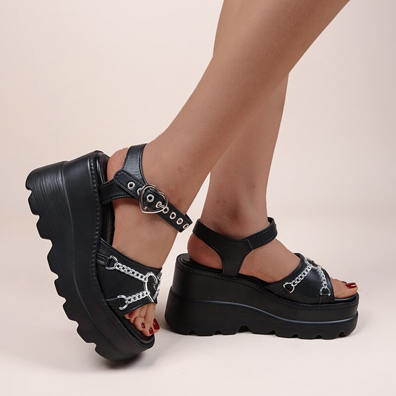 Antmvs Black Gothic Wedge Sandals Women Summer Y2K Style Chunky Platform Sandals Women Punk Buckle Thick Bottom Lolita Shoes Plus Size