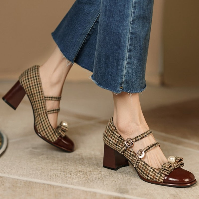 creamtopmall Spring/Autumn Women's Shoes Round Toe Chunky Heel Pumps Cotton Fabric Lattice High Heels Genuine Leather Retro Mary Janes