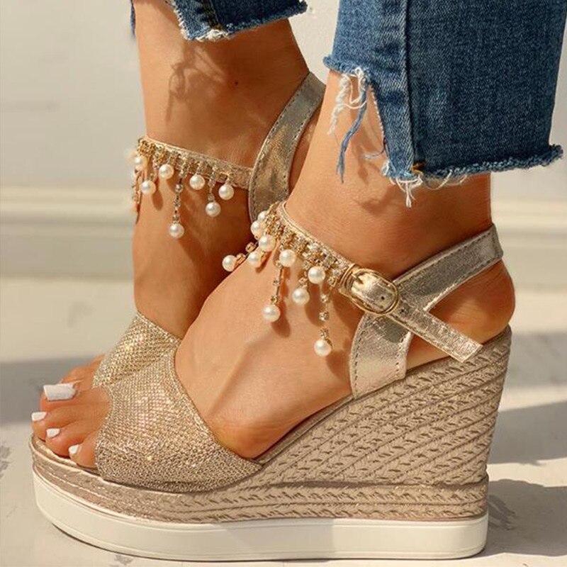 creamtopmall New Women Wedge Sandals Summer Bead Studded Detail Platform Sandals Buckle Strap Peep Toe Thick Bottom Casual Shoes Ladies