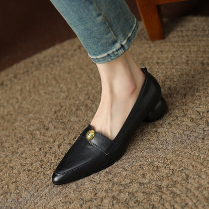 Back to school 2023 new Spring women pumps natural leather 22-24.5cm cowhide upper pointed toe metal Vintage loafers round heels women's shoes